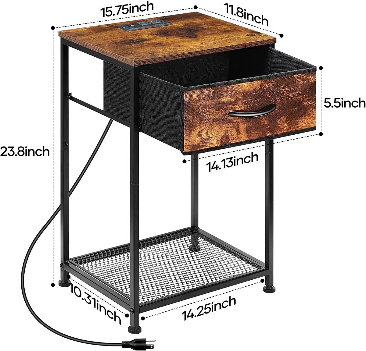 2 Tier Rustic Side Table with Storage Drawer T5104