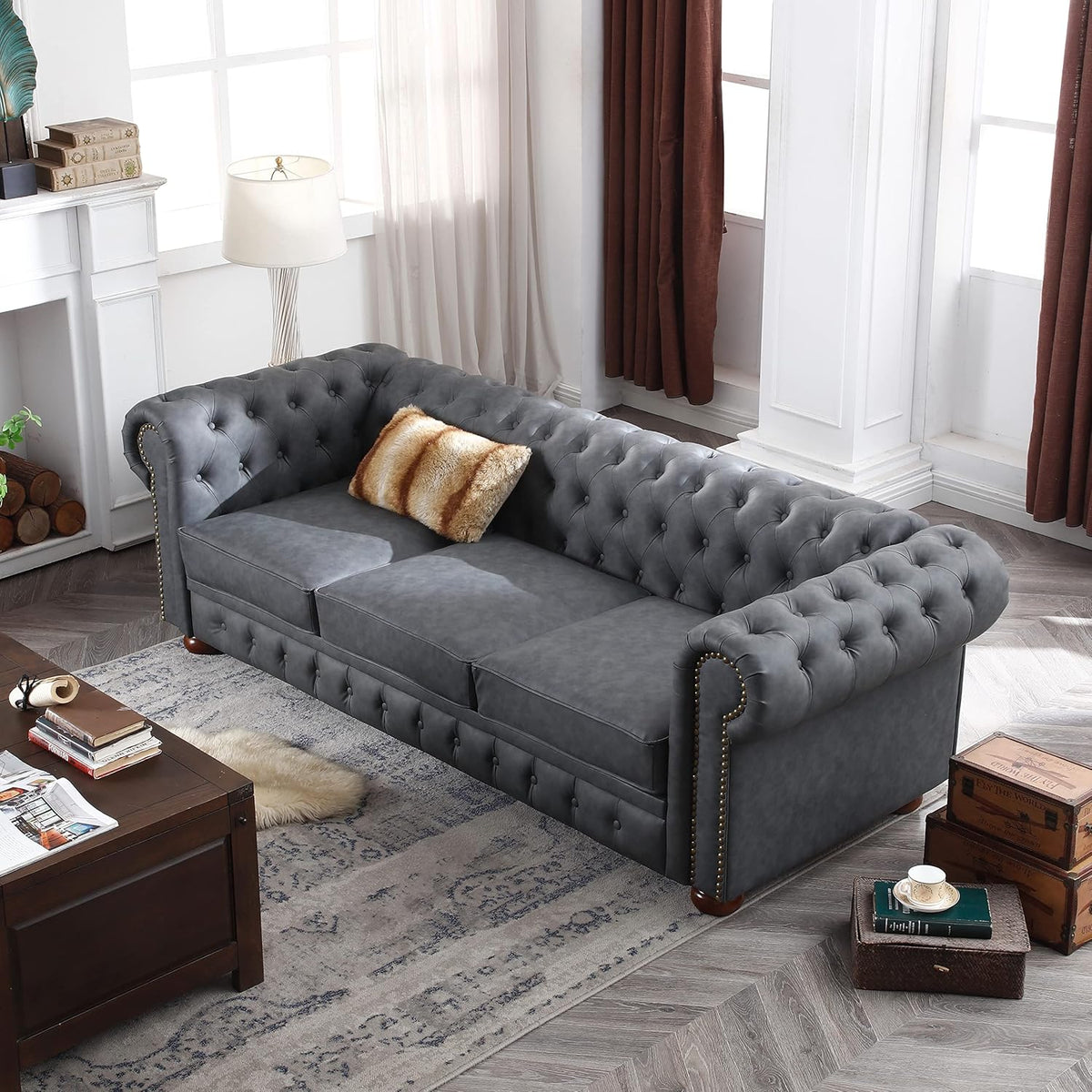 Dark Grey Faux Leather Chesterfield Sofa X172