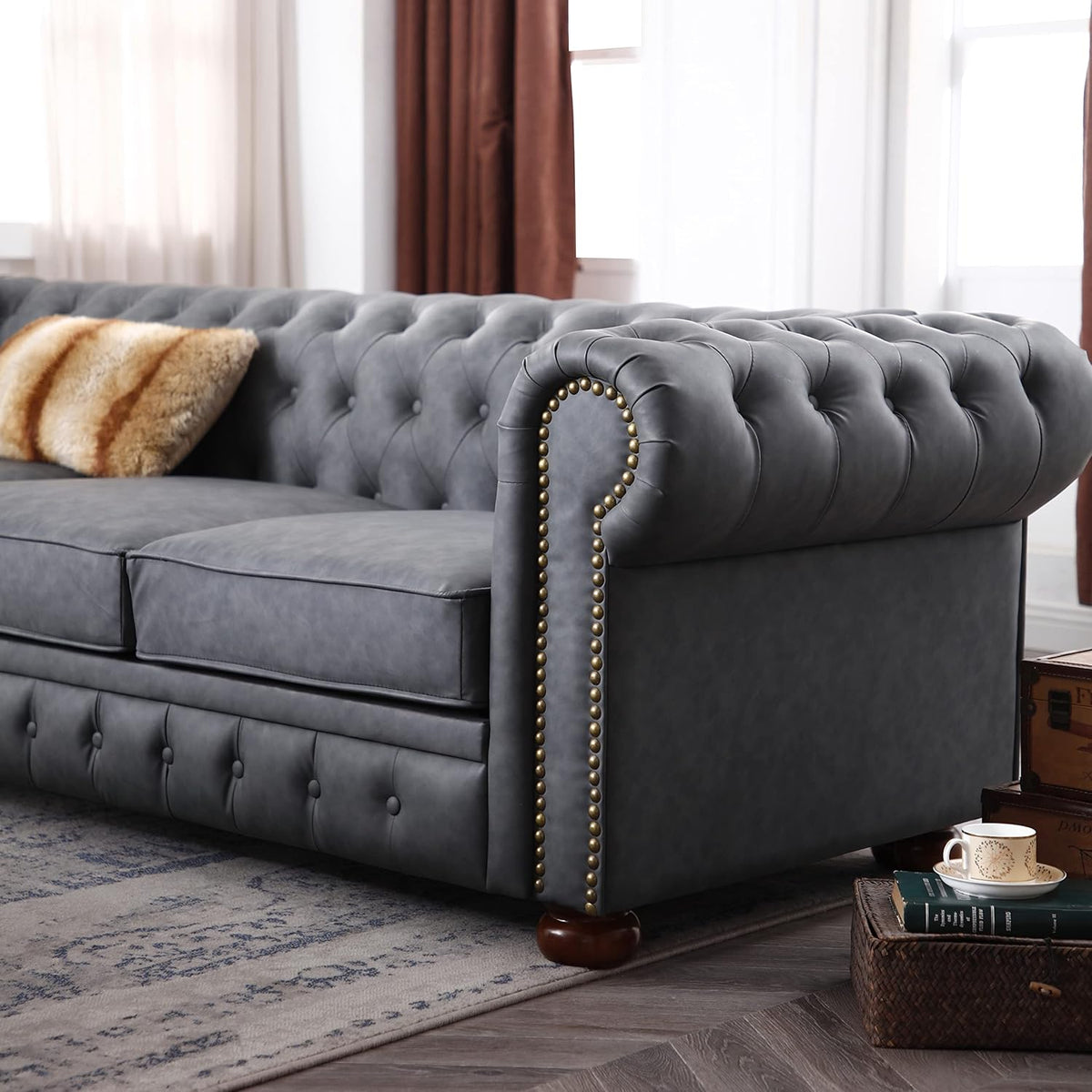 Dark Grey Faux Leather Chesterfield Sofa X172
