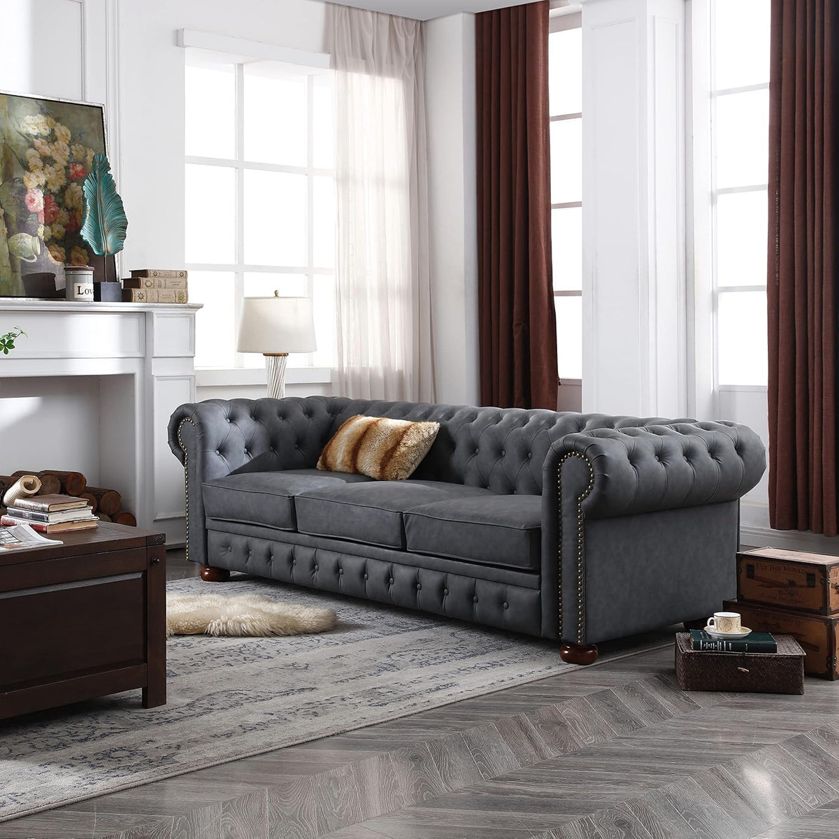 Dark Grey Faux Leather Chesterfield Sofa X172