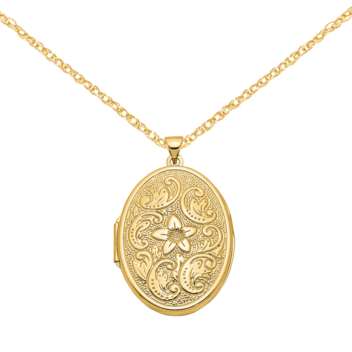 14 Karat Yellow Gold Oval Flower Locket on 18-inch Cable Rope Chain I643