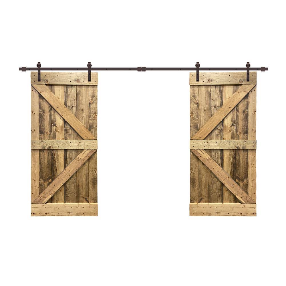 84 in. x 84 in. Oak Stained Knotty Pine Wood Interior Double Sliding Barn Door with Hardware Kit C200481