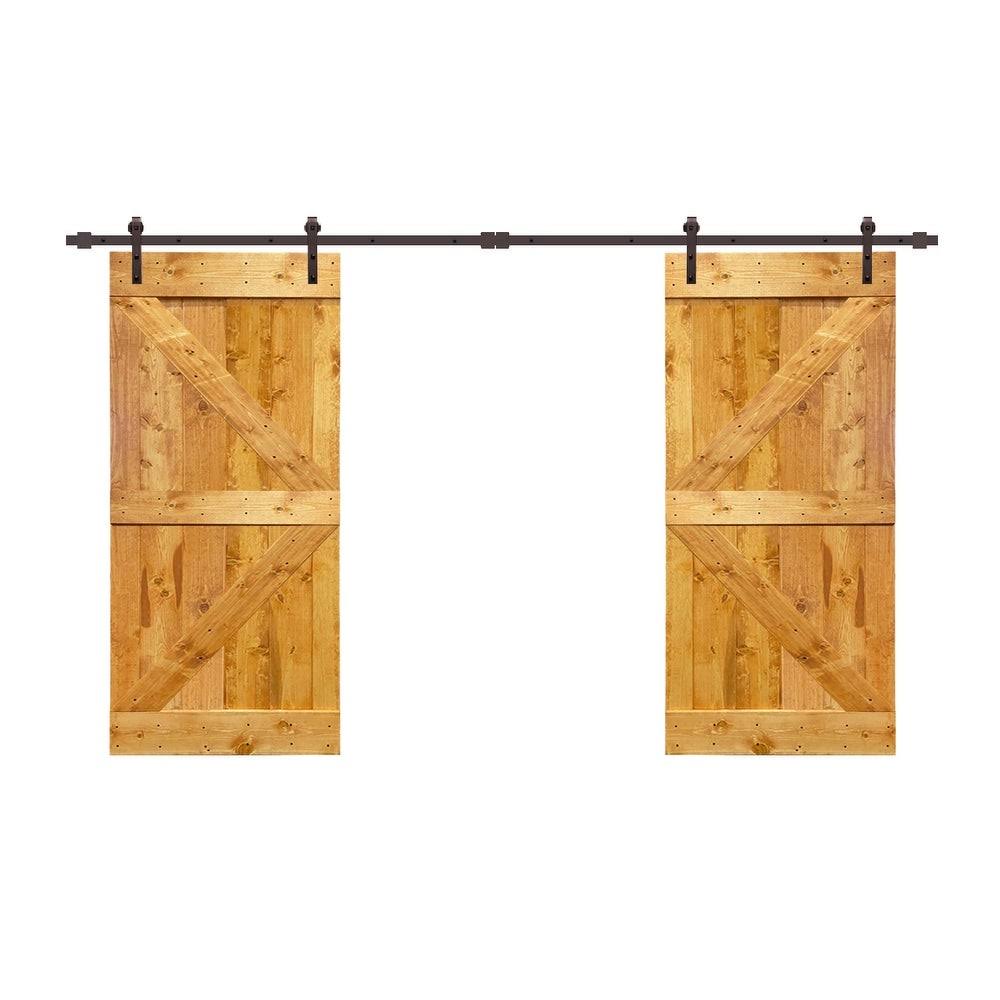 84 in. x 84 in. Oak Stained Knotty Pine Wood Interior Double Sliding Barn Door with Hardware Kit C200481