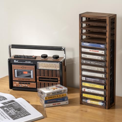 16-Slot Solid Burnt Wood Cassette Tape Storage Rack R8285