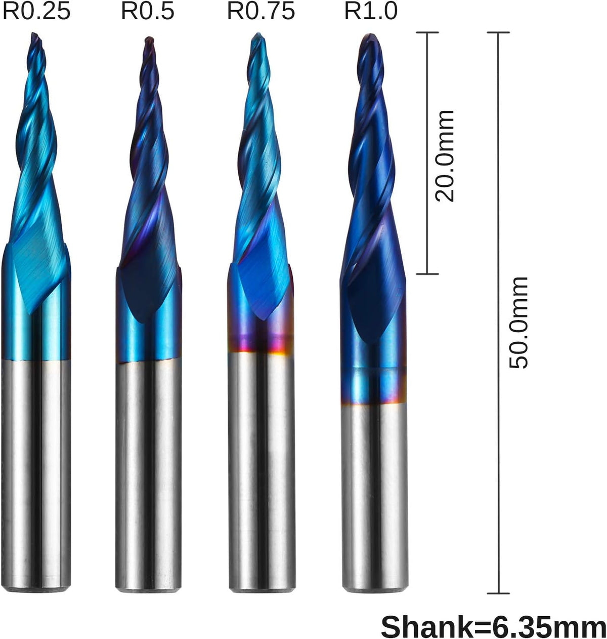4pcs Tapered Ball Nose Spiral End Mill Tungsten Carbide CNC Router Bits 1/4'' Shank I5880