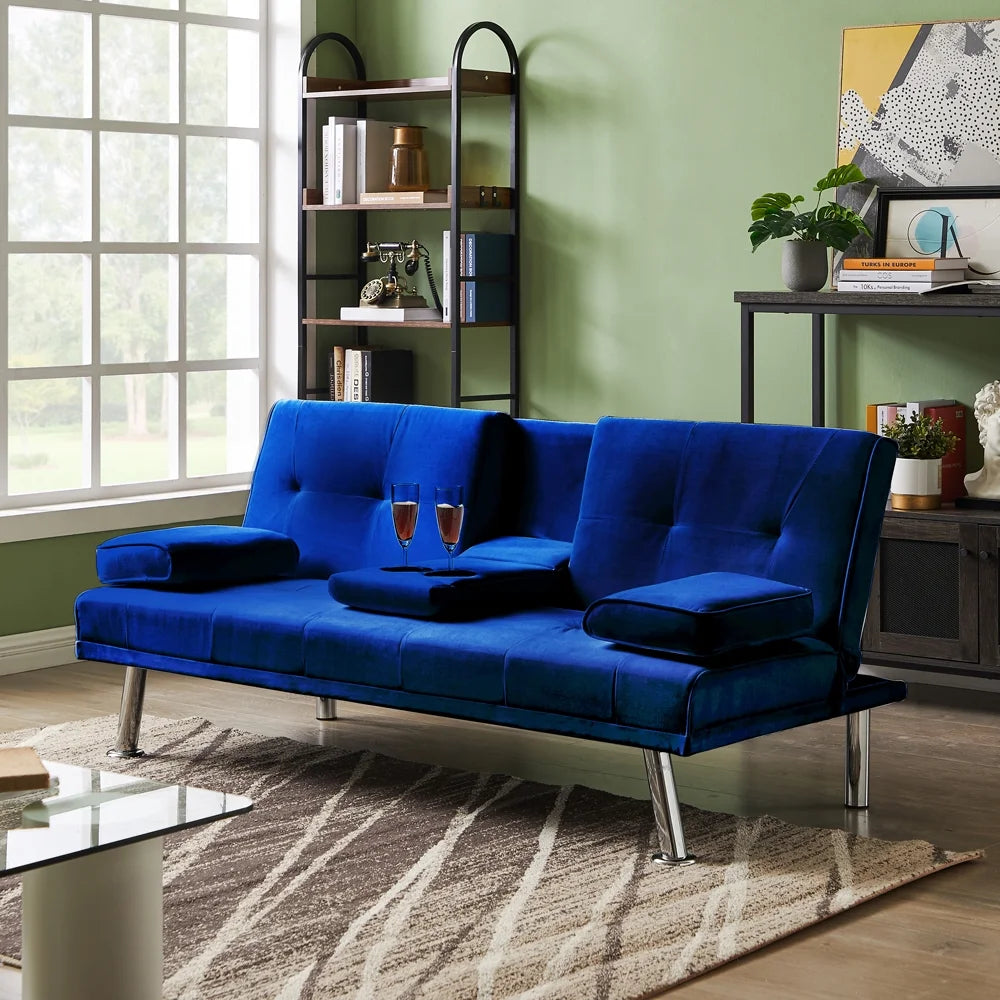 Blue Velvet Convertible Futon Sofa Bed with Cupholders T91784
