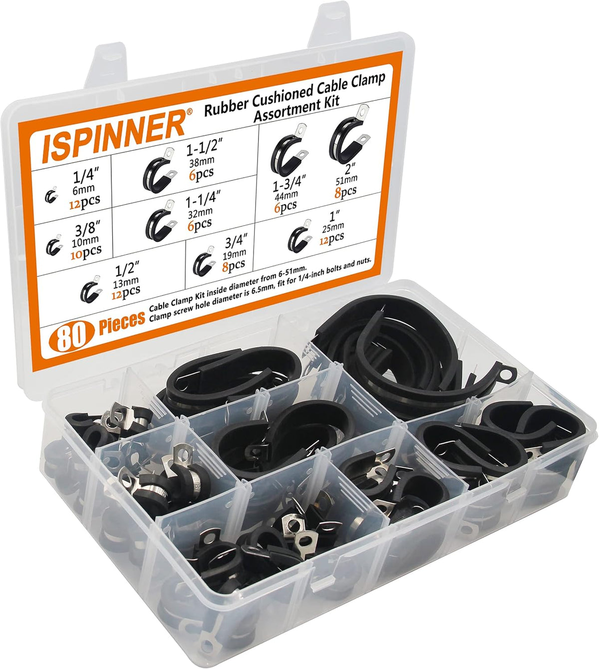 80pcs 304 Stainless Steel Rubber Cushioned Pipe Clamps Assortment Kit X86718