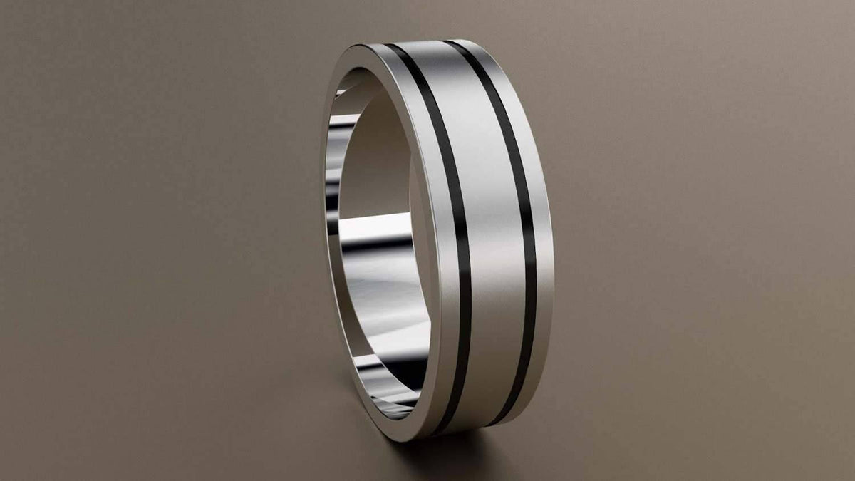Brushed White Gold 6mm Double Black Groove Wedding Band 10kt X660