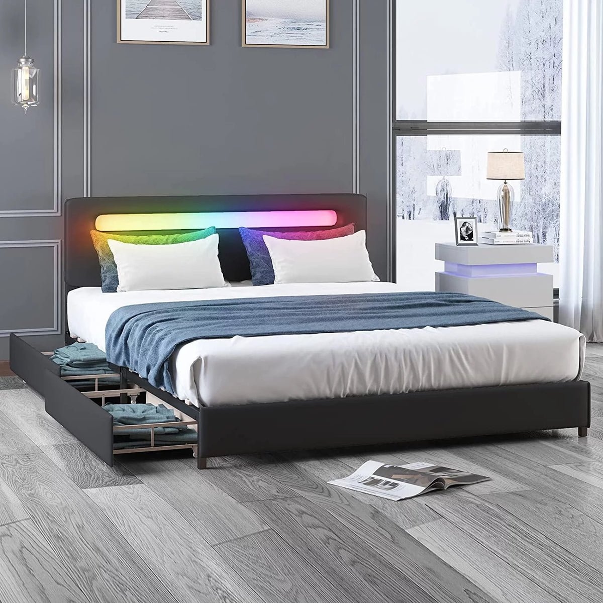 Black Full Bed Frame with 4 Storage Drawers I45752