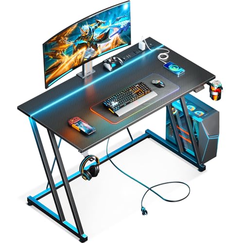 32 Inch Black Gaming Desk with LED Lights & Power Outlet S348