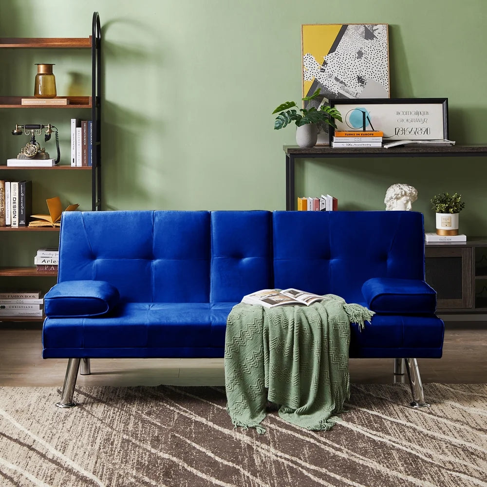 Blue Velvet Convertible Futon Sofa Bed with Cupholders T91784