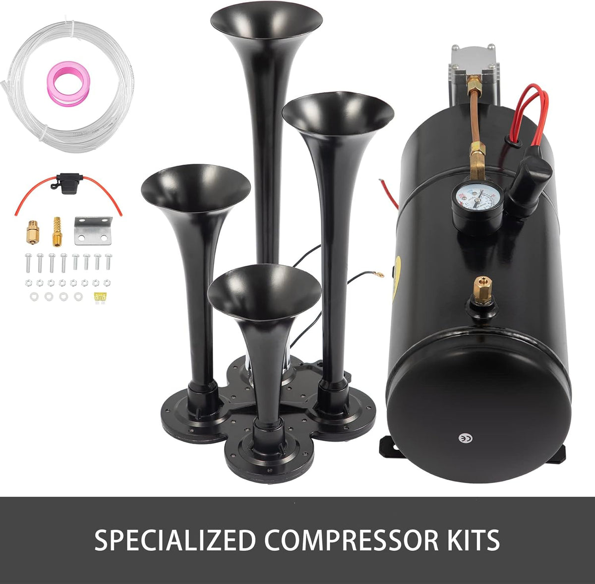 150DB Train Horns Kit 4 Trumpet with 120 PSI 12V Air Compressor Air Horn Compressor Tank (Black) R5092