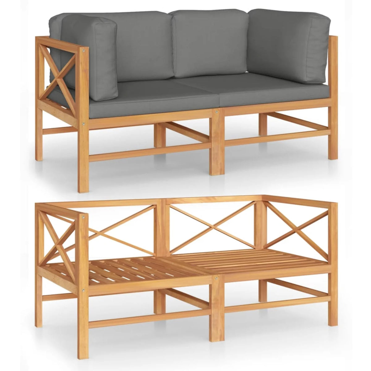 2-Seater Teak Wood Patio Sofa with Gray Cushions I890