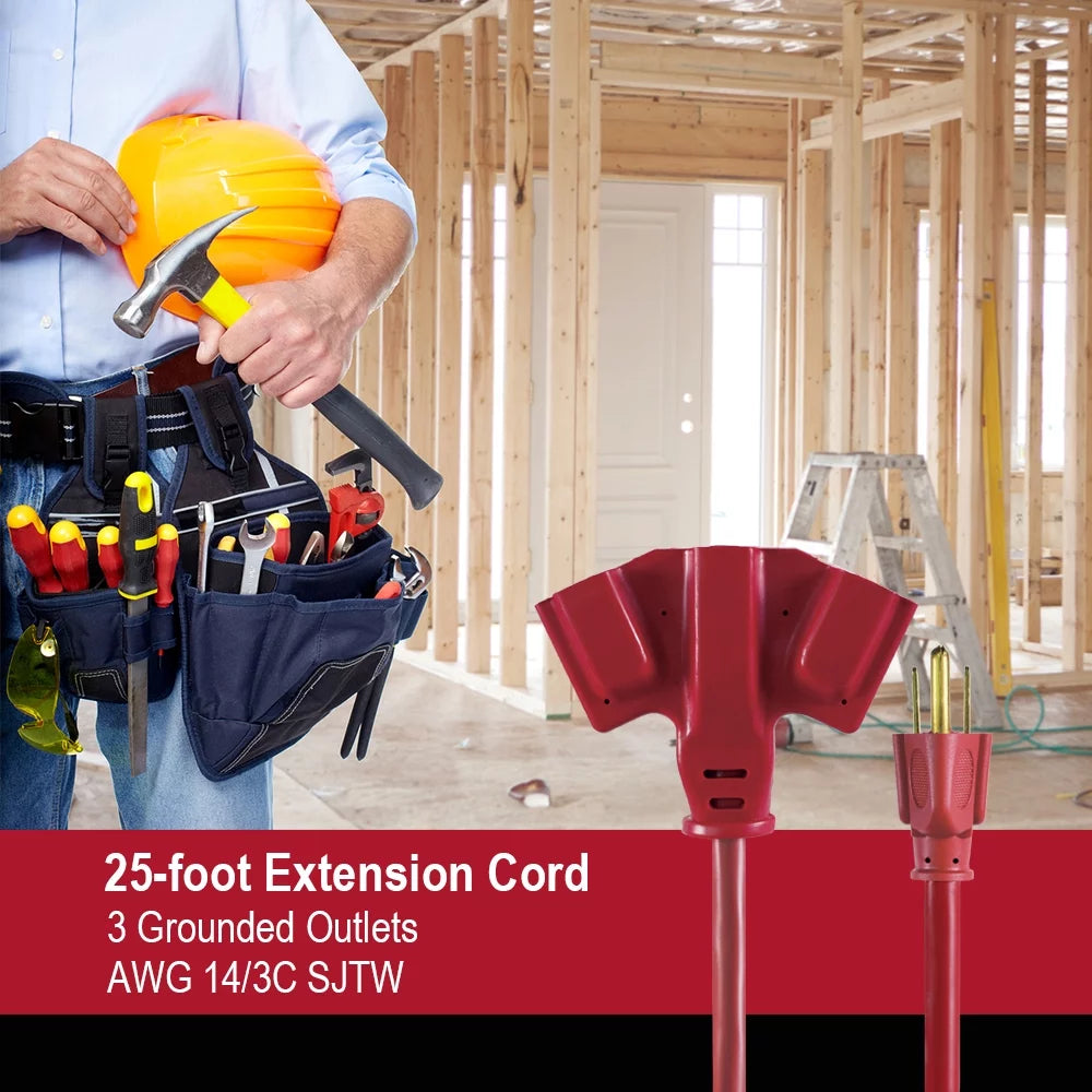 25FT 14AWG 3 Prong Red Triple Outlet Outdoor Extension Cord S71631