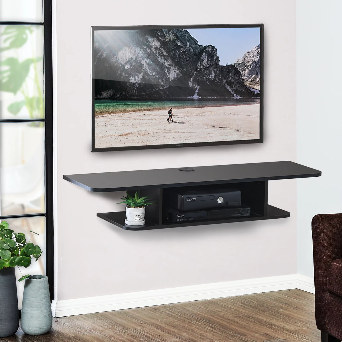Black Wall Mounted Floating TV Shelf Media Console N531