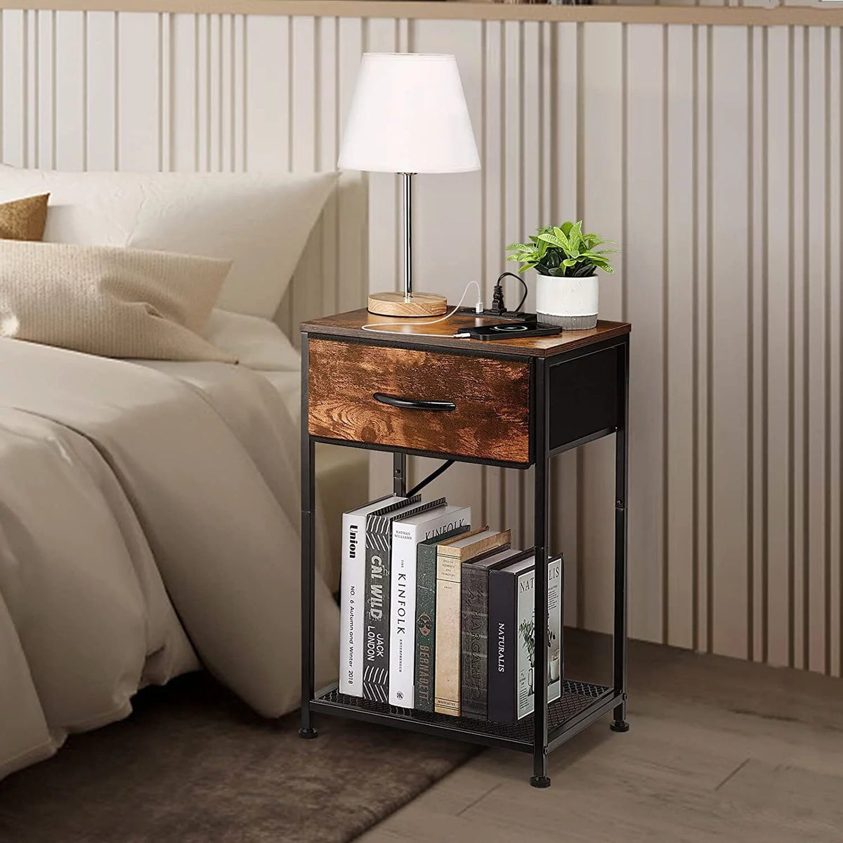 2 Tier Rustic Side Table with Storage Drawer T5104