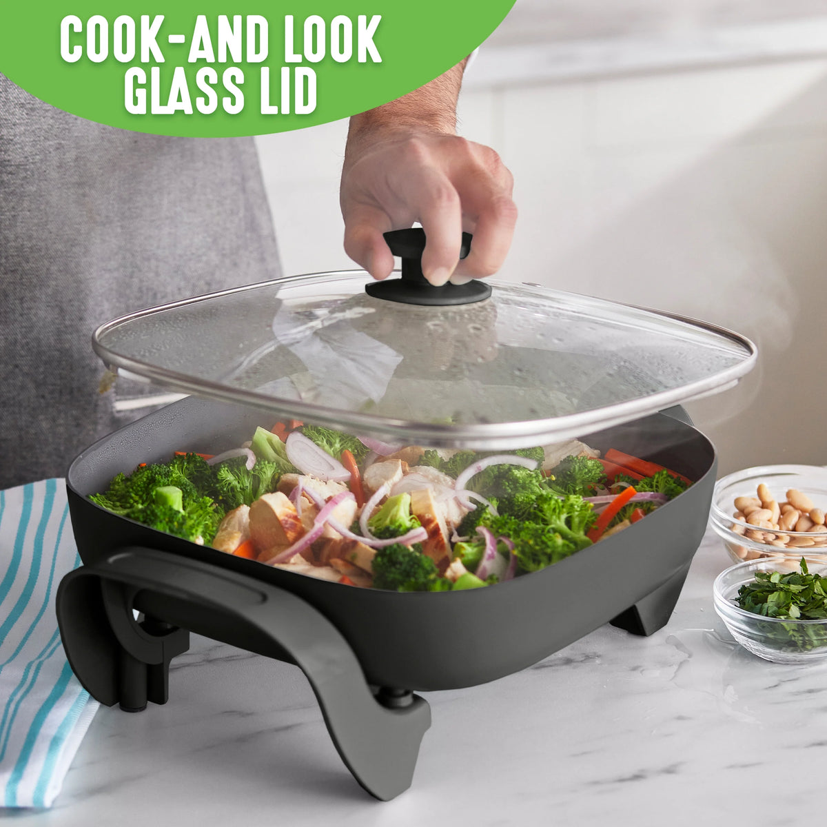 Black 12" Square Nonstick Electric Skillet with Glass Lid J758