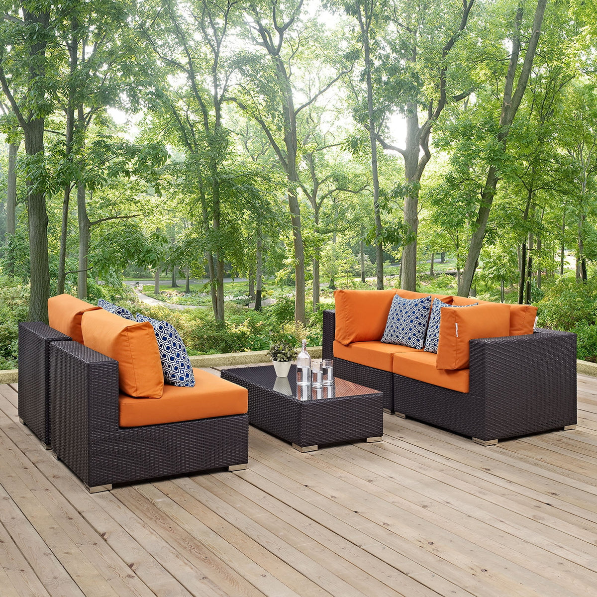 5 Piece Outdoor Patio Sectional Set in Espresso Orange Y1295