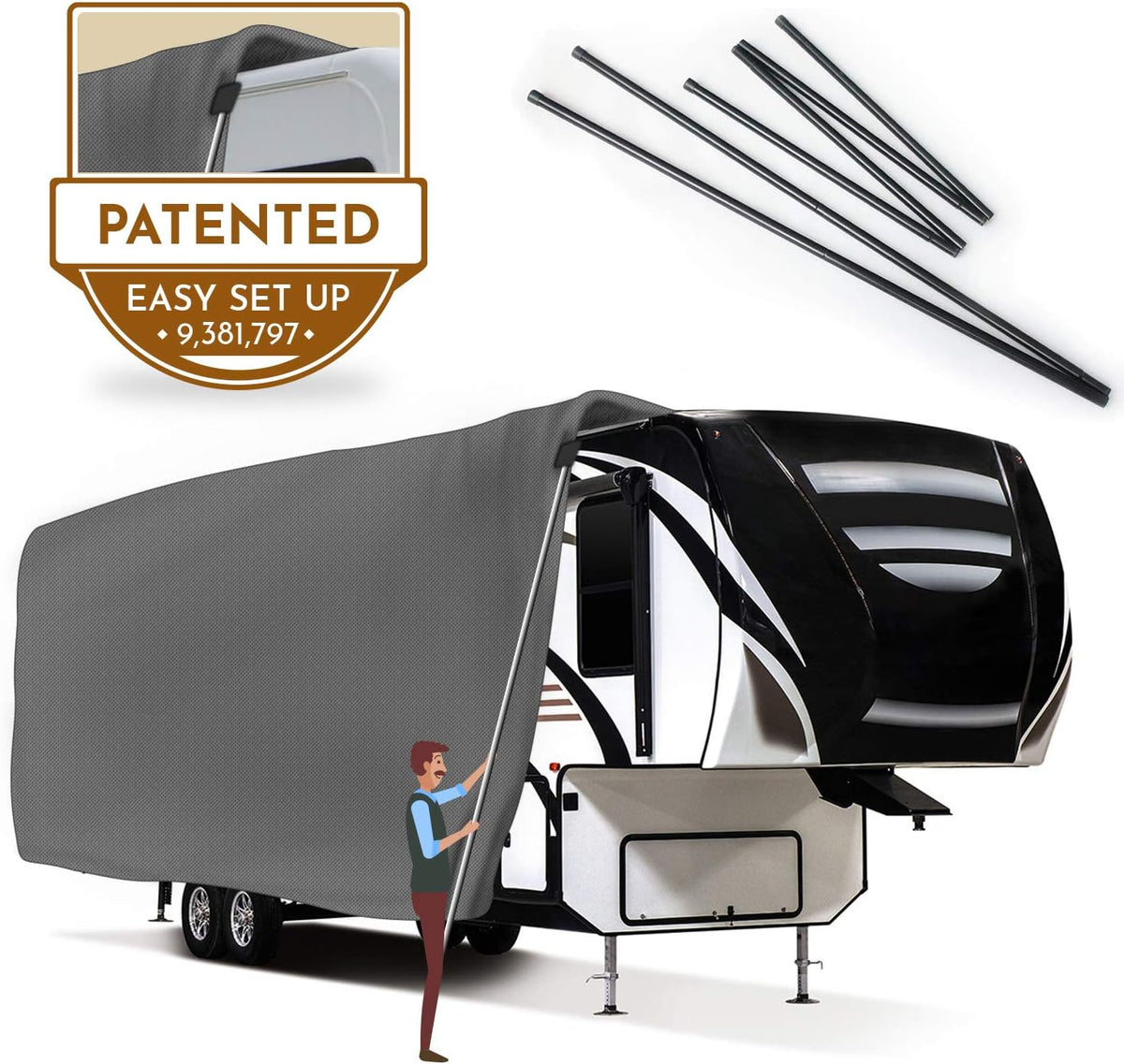 5th Wheel RV Cover 3-Ply Ripstop Waterproof with Steel Pole (26'-29') H65603