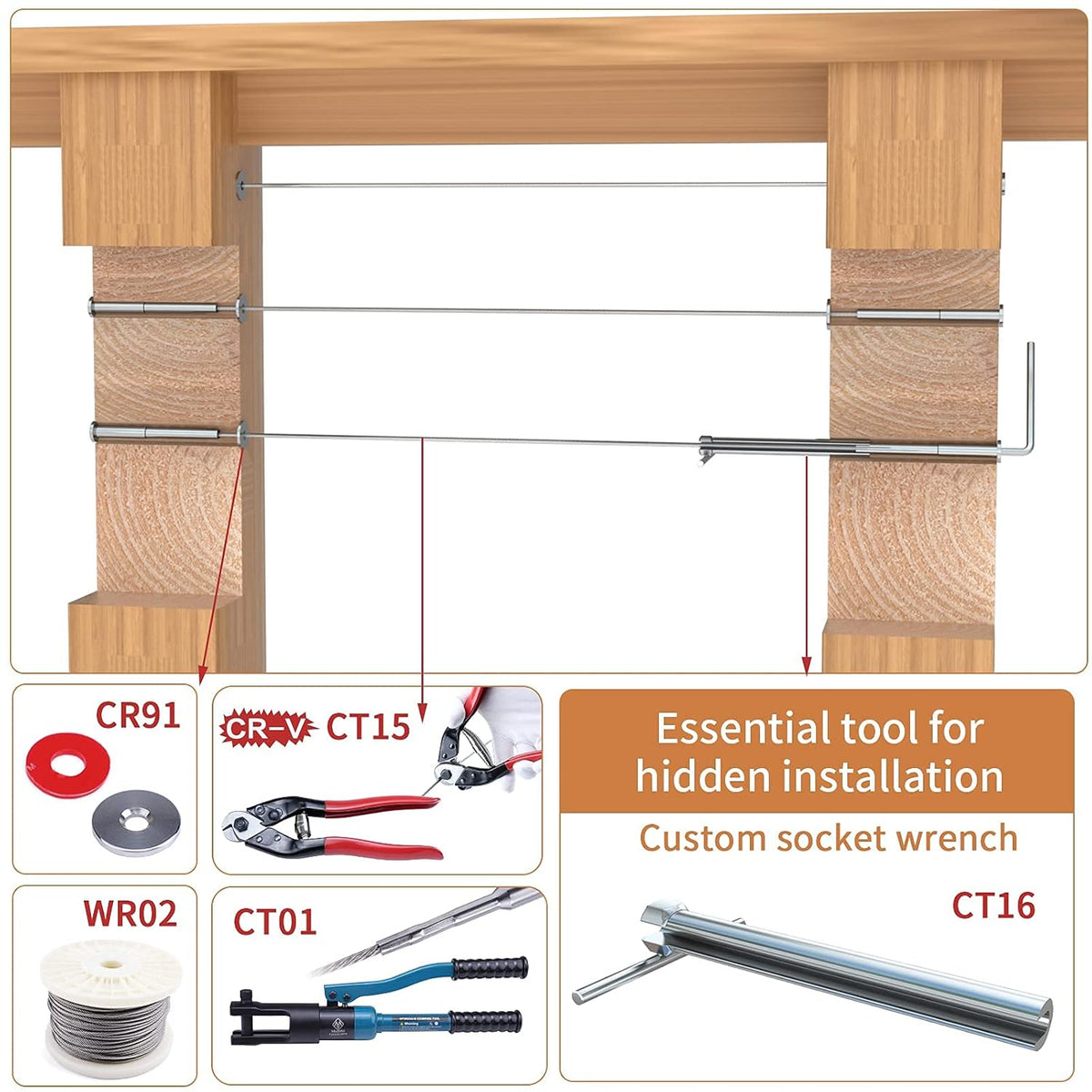 1/8 Invisible Cable Railing Kit Turnbuckle Swage Threaded Stud and Stemball Combination Pack for 2”-6” Wood & Metal Post O249295