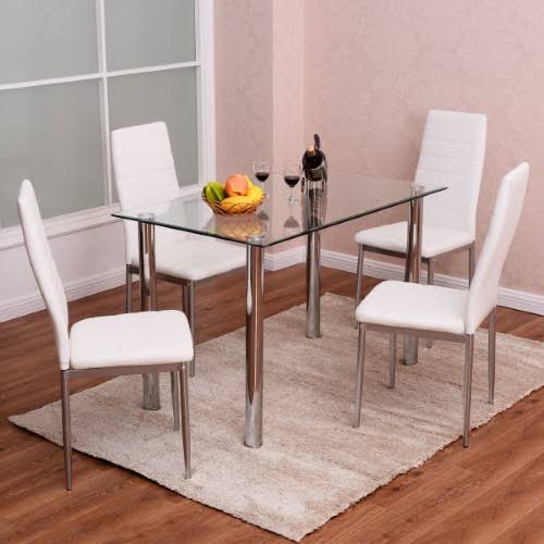 5 Piece Dining Set Table and 4 Chairs Glass Metal White P503990