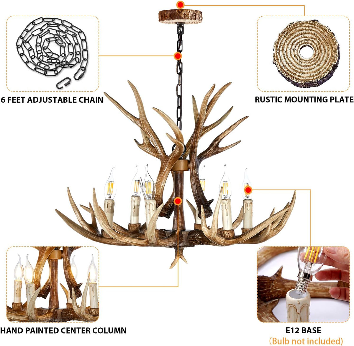 Antler Chandelier 6 Light Vintage Style Resin 28 Inch V8850