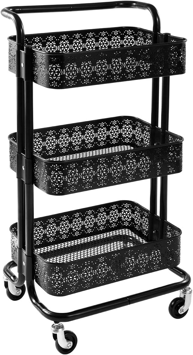 Black 3 Tier Metal Rolling Storage Cart A68018