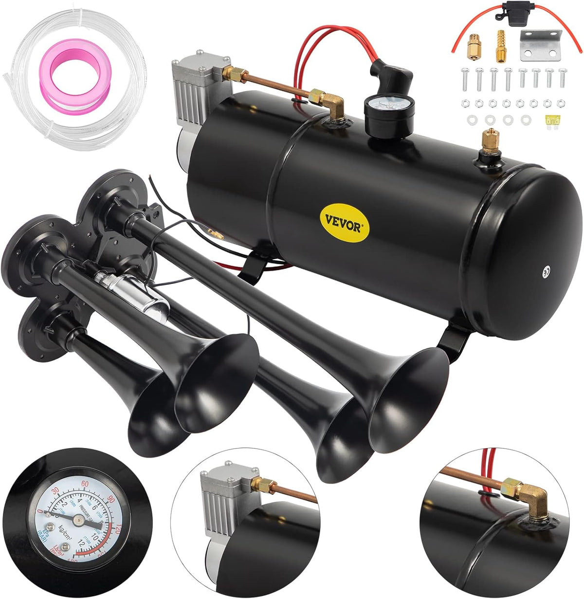 150DB Train Horns Kit 4 Trumpet with 120 PSI 12V Air Compressor Air Horn Compressor Tank (Black) R5092