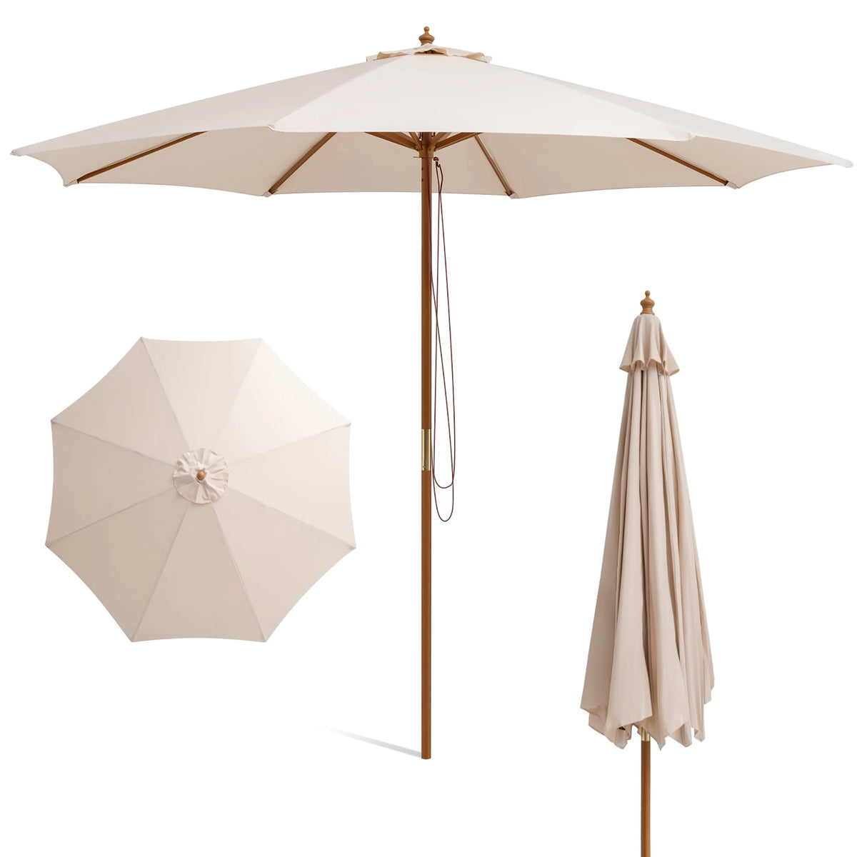 10FT Wooden Market Table Umbrella with 8 Bamboo Ribs K111